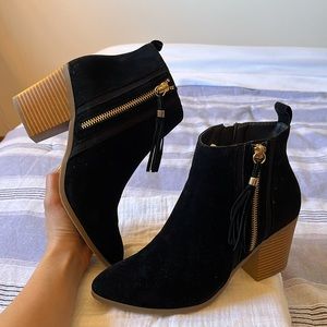 JustFab pointy block/chunky heel velvety black boots